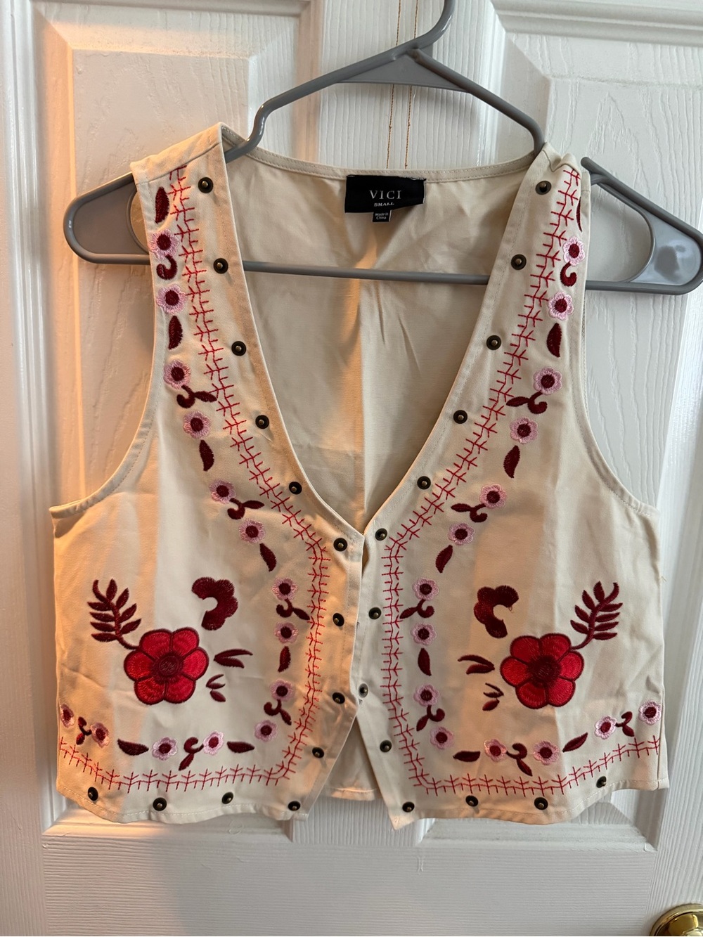 VICI Cream Vest with Red and Burgundy Floral Embroidery